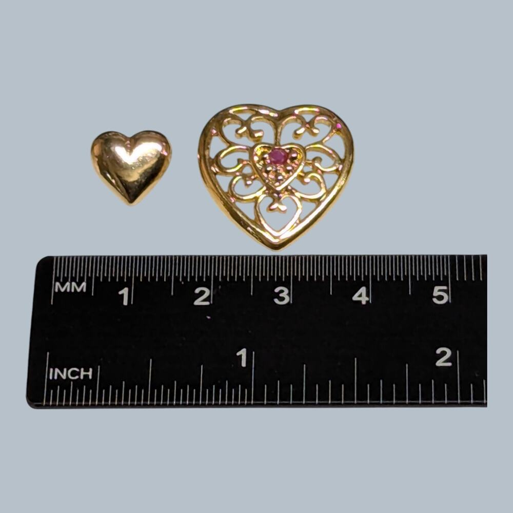 Filigree Gold Tone Pink Rhinestone & Solid Heart Hat Lapel Pin Lot - Picture 4 of 4